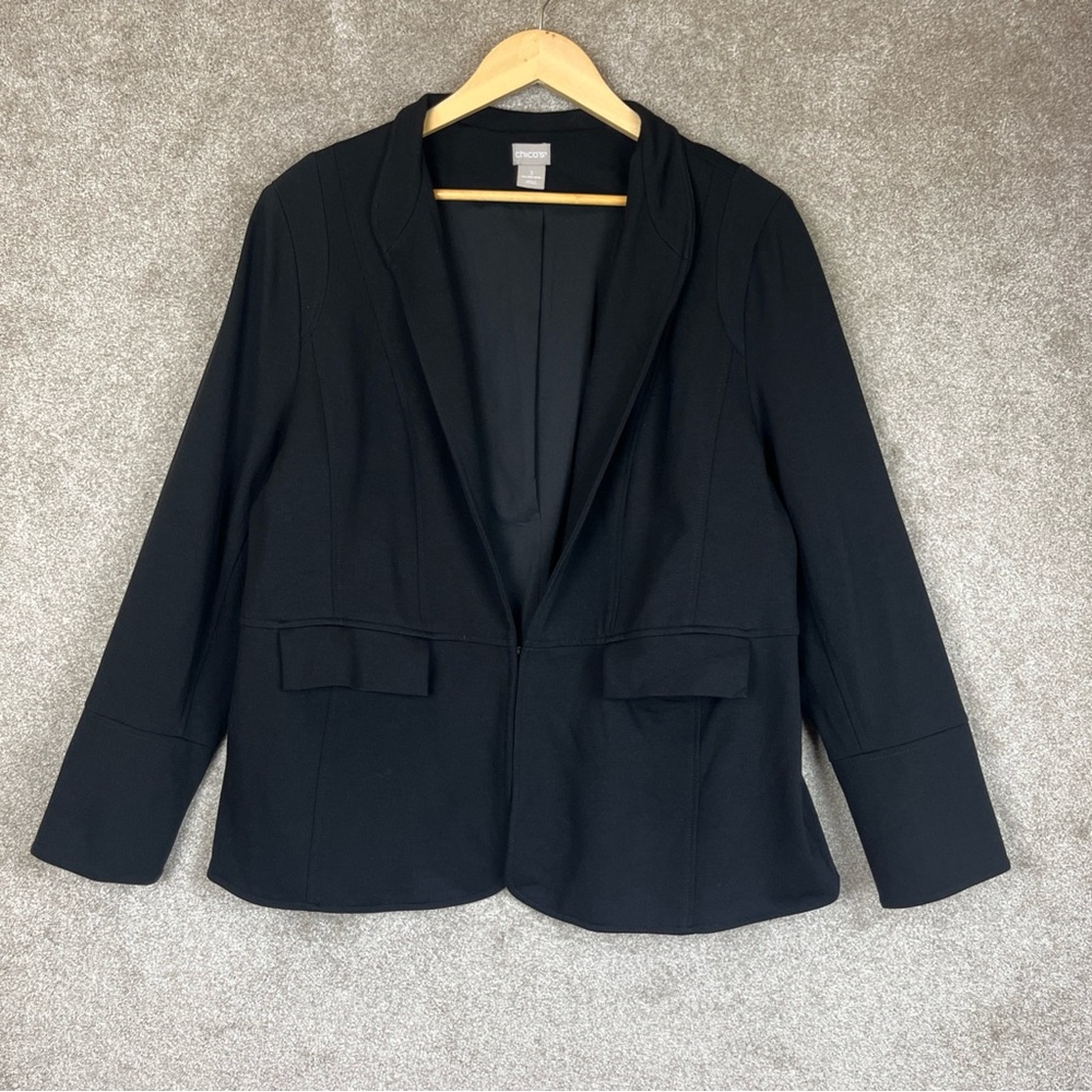 Chico's Jacket Womens 3 Black Lined Stretch Pockets Front Hook Blazer- 4349